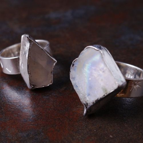 Contemporary handcrafted recycled sterling silver Rainbow Moonstone slice rings